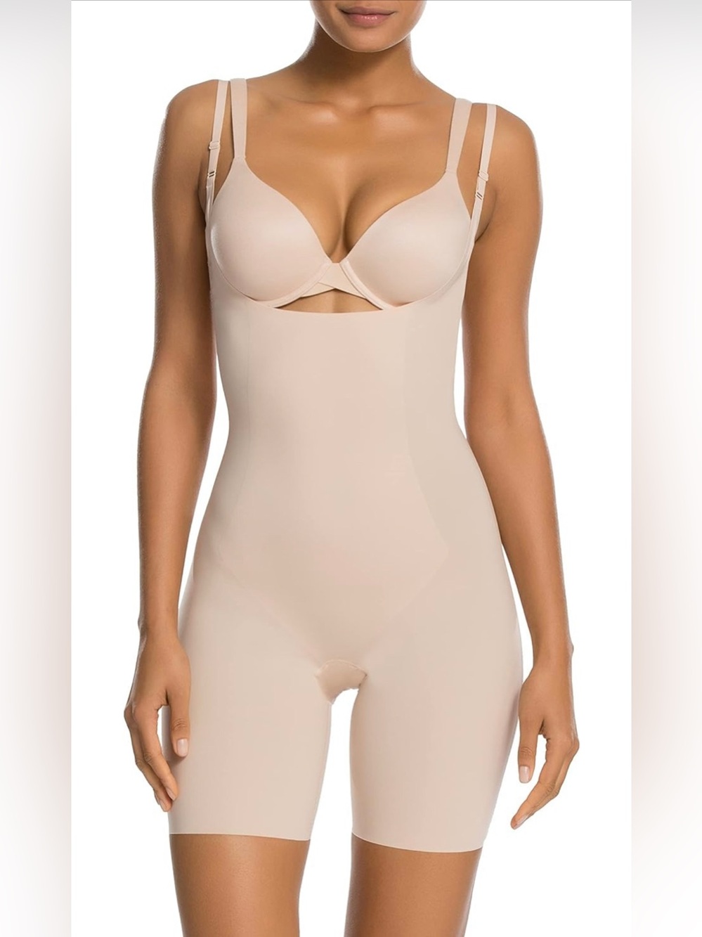 SPANX OnCore Open-Bust Mid-Thigh Bodysuit Shapewear Soft Nude 1X NWOT